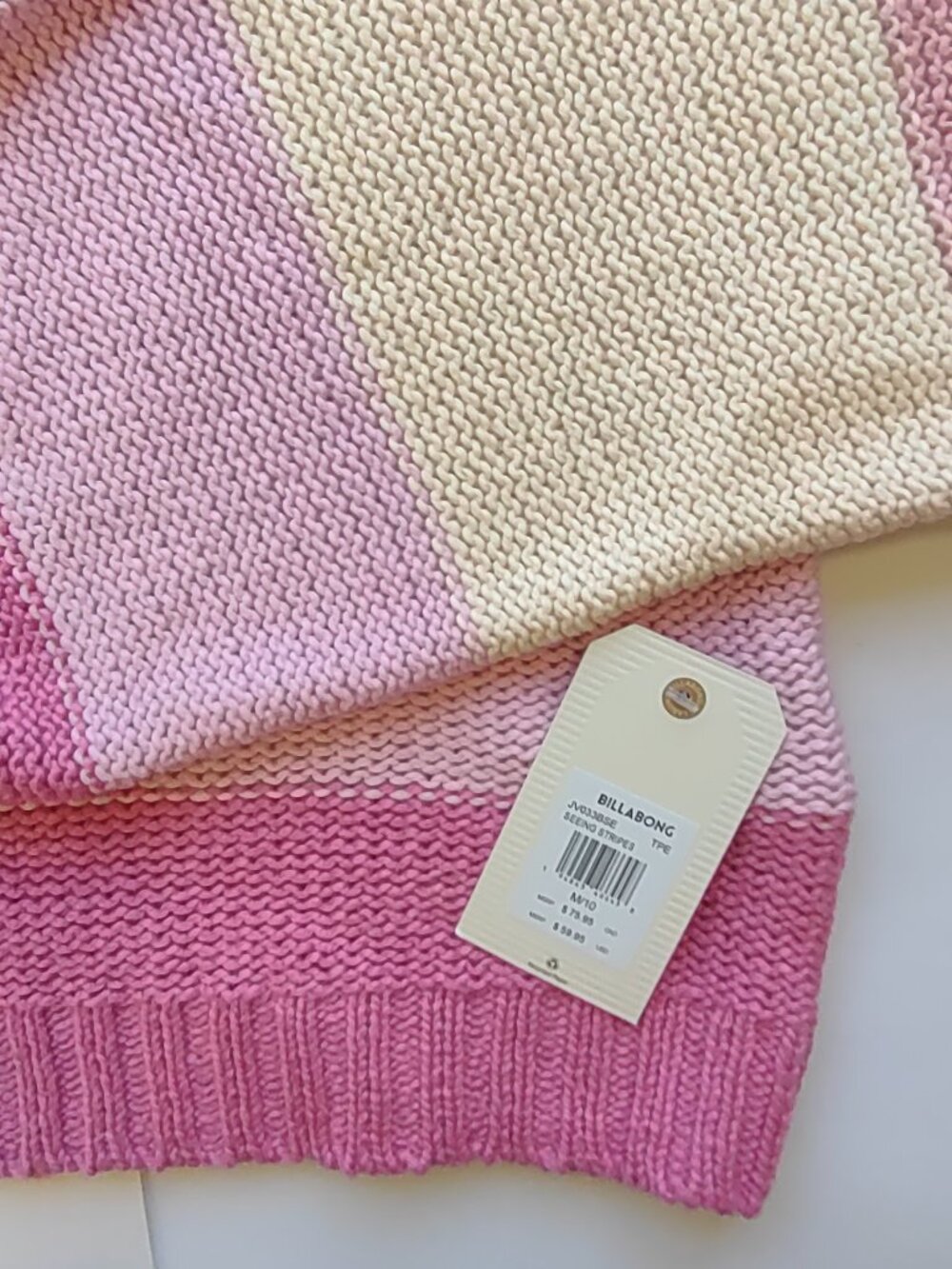 NWT Billabong Seeing Stripes Cotton Sweater Sz Medium Pink Slouchy Crop Pullover - Picture 9 of 11